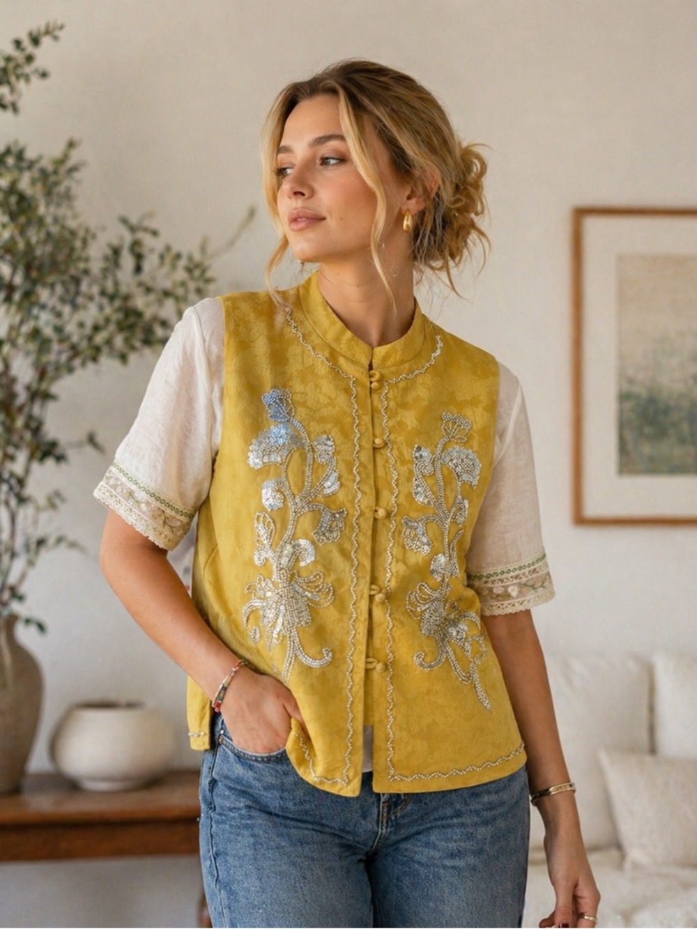 Embroidered Mustard Yellow Beaded Button Vest